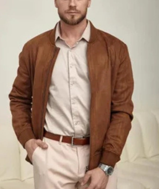 Men’s Brown Suede Bomber Jacket – Classic Lightweight Casual Outerwear