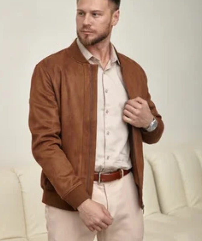 Men’s Brown Suede Bomber Jacket – Classic Lightweight Casual Outerwear