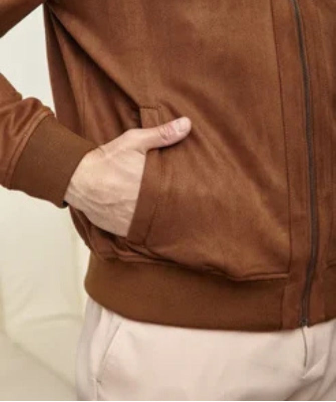 Men’s Brown Suede Bomber Jacket – Classic Lightweight Casual Outerwear