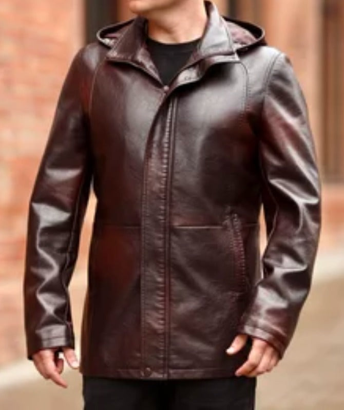 Men’s Brown Hooded Leather Jacket | Genuine Sheep Leather Long Coat