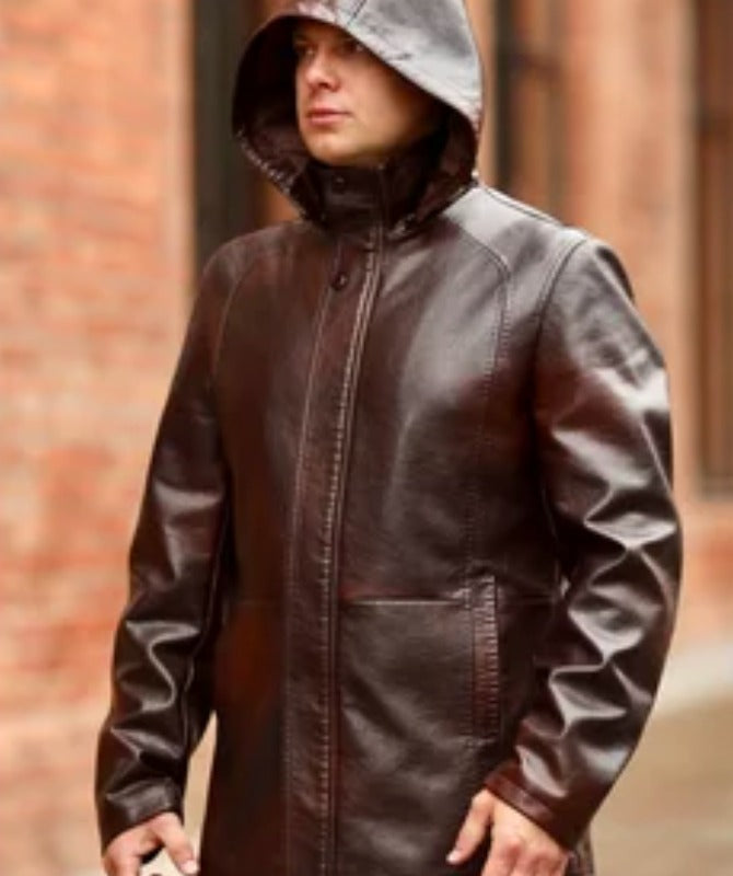 Men’s Brown Hooded Leather Jacket | Genuine Sheep Leather Long Coat