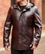 Men’s Brown Hooded Leather Jacket | Genuine Sheep Leather Long Coat