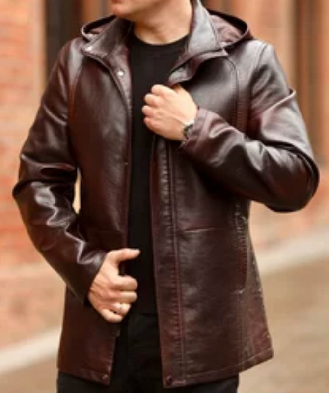 Men’s Brown Hooded Leather Jacket | Genuine Sheep Leather Long Coat