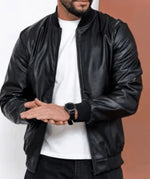 Men’s Classic Black Leather Bomber Jacket | 100% Genuine Sheep Leather