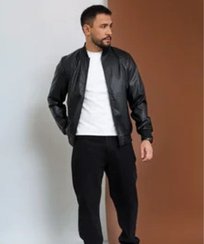 Men’s Classic Black Leather Bomber Jacket | 100% Genuine Sheep Leather