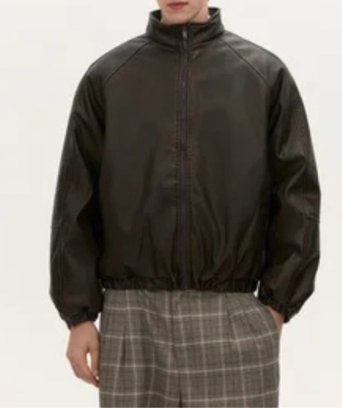 Men’s Dark Brown Sheep Leather Zip-Up Jacket | Minimalist High-Neck Design