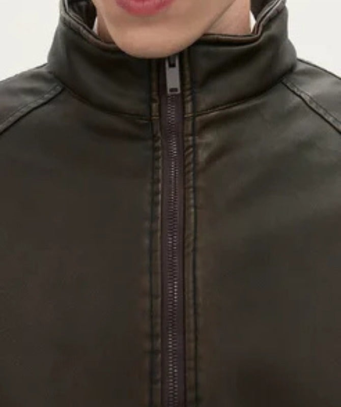 Men’s Dark Brown Sheep Leather Zip-Up Jacket | Minimalist High-Neck Design