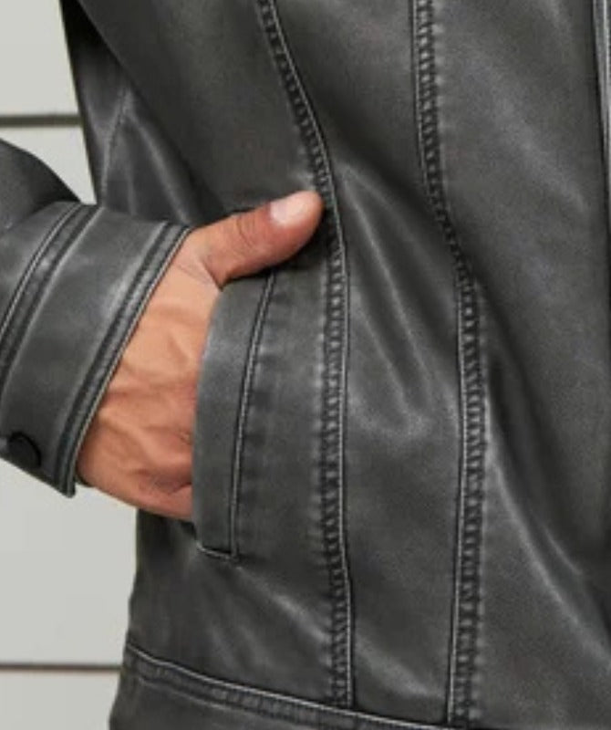 Men’s Charcoal Grey Sheep Leather Jacket | Classic Shirt Collar Design