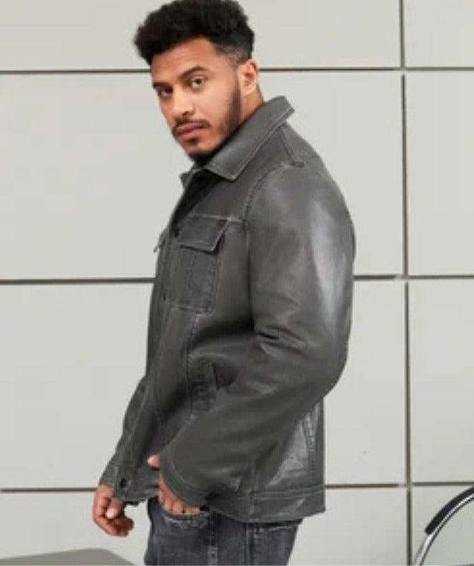 Men’s Charcoal Grey Sheep Leather Jacket | Classic Shirt Collar Design