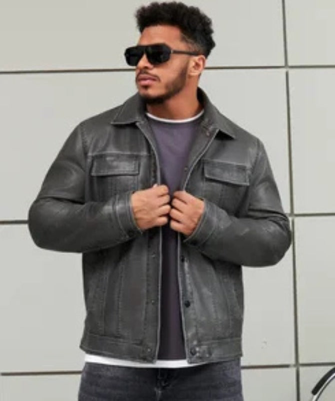 Men’s Charcoal Grey Sheep Leather Jacket | Classic Shirt Collar Design