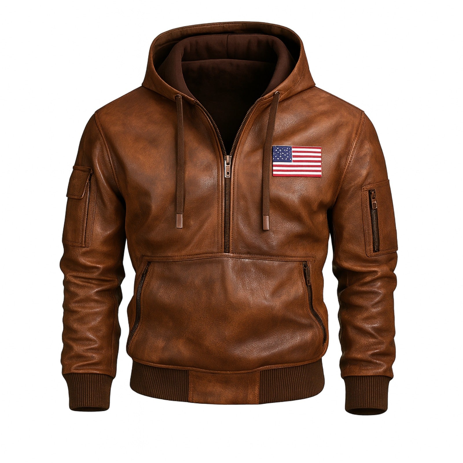 Premium Sheep Leather Hoodie Jacket for Men USA Flag Patch Soft Genuine Leather Winter Streetwear
