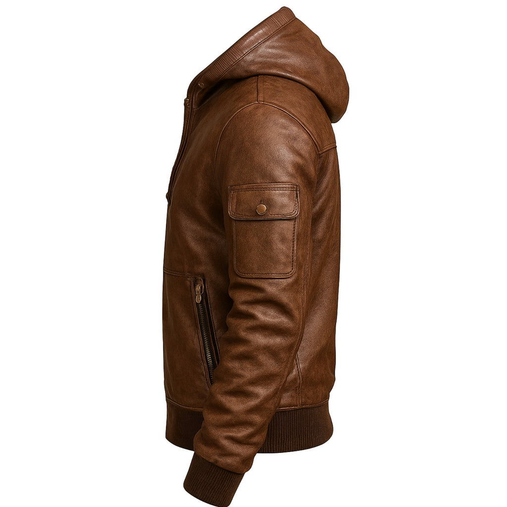 Premium Sheep Leather Hoodie Jacket for Men USA Flag Patch Soft Genuine Leather Winter Streetwear