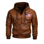 Premium Sheep Leather Hoodie Jacket for Men USA Flag Patch Soft Genuine Leather Winter Streetwear