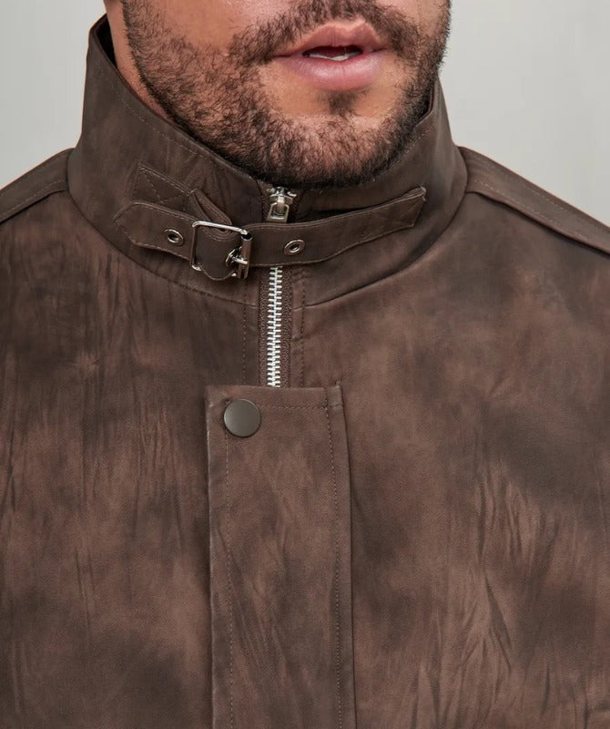 Men’s Brown Faux Leather Jacket | Vintage High Neck Winter Outerwear