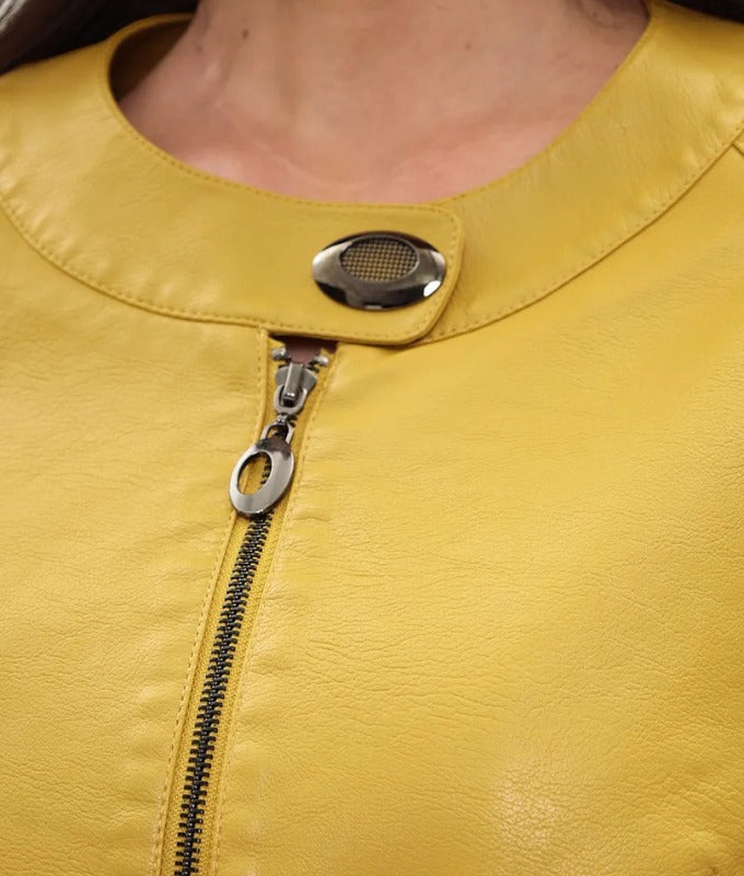 Women’s Mustard Yellow Genuine Sheep Leather Jacket – Elegant 3/4 Sleeve Designer Outerwear