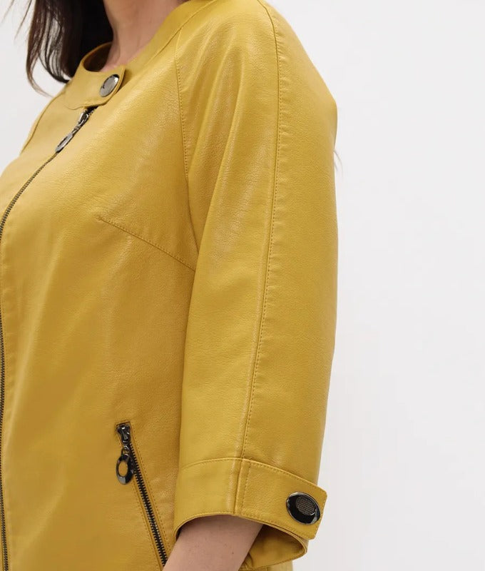 Women’s Mustard Yellow Genuine Sheep Leather Jacket – Elegant 3/4 Sleeve Designer Outerwear