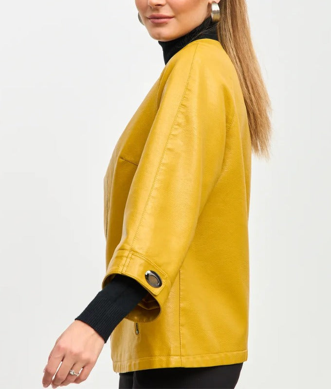 Women’s Mustard Yellow Genuine Sheep Leather Jacket – Elegant 3/4 Sleeve Designer Outerwear