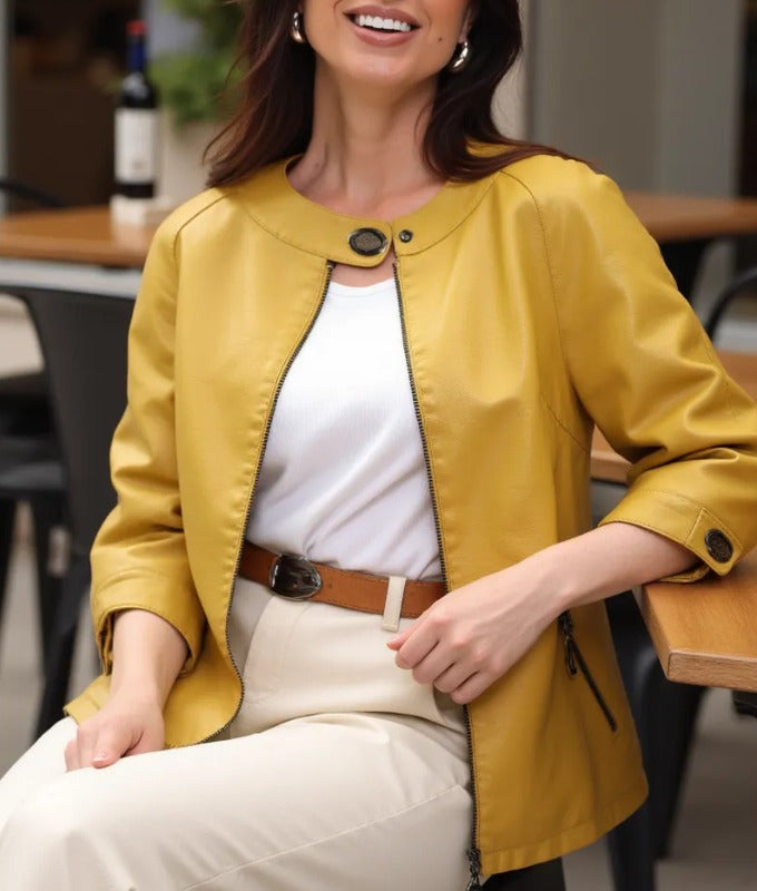 Women’s Mustard Yellow Genuine Sheep Leather Jacket – Elegant 3/4 Sleeve Designer Outerwear