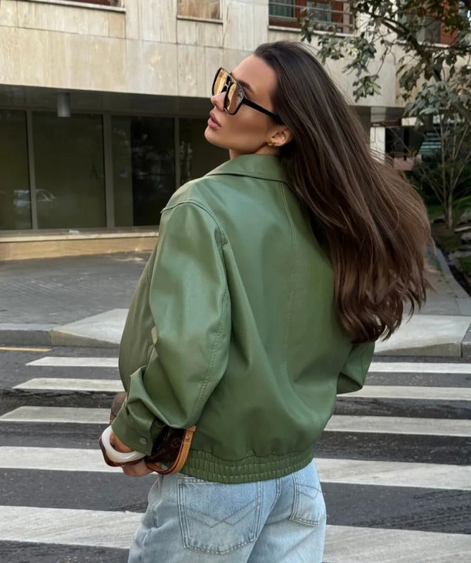 Women’s Green Sheep Leather Bomber Jacket – Luxury Soft Leather Streetwear