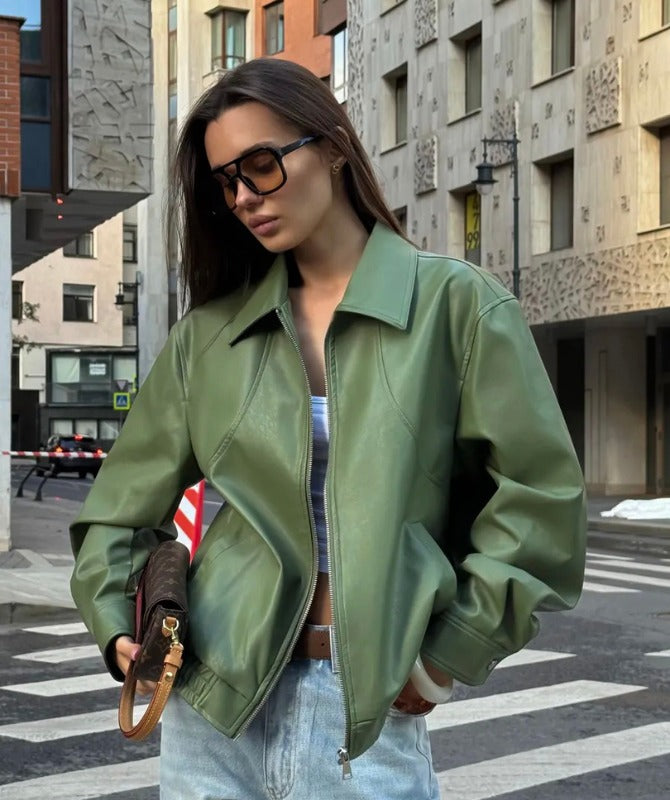 Women’s Green Sheep Leather Bomber Jacket – Luxury Soft Leather Streetwear