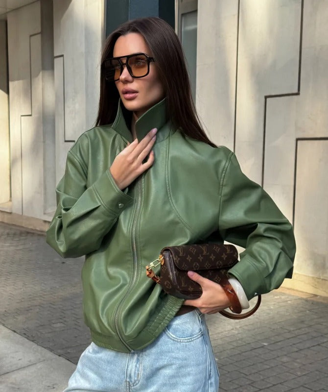 Women’s Green Sheep Leather Bomber Jacket – Luxury Soft Leather Streetwear