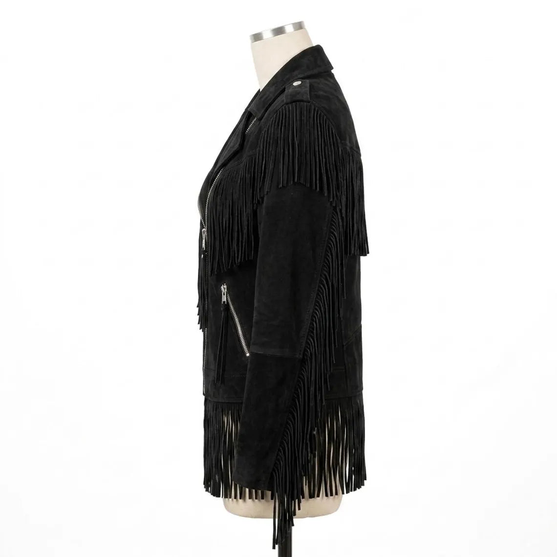 Womens Black Suede Leather Fringe Jacket Handmade Western Bohemian Style image 3
