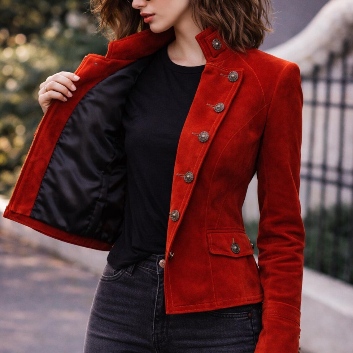 Women Red Suede Leather Jacket Vintage Button Front Coat Soft Real Statement Outerwear image 3