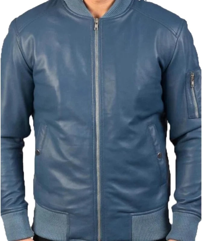 Men’s Blue Leather Bomber Jacket