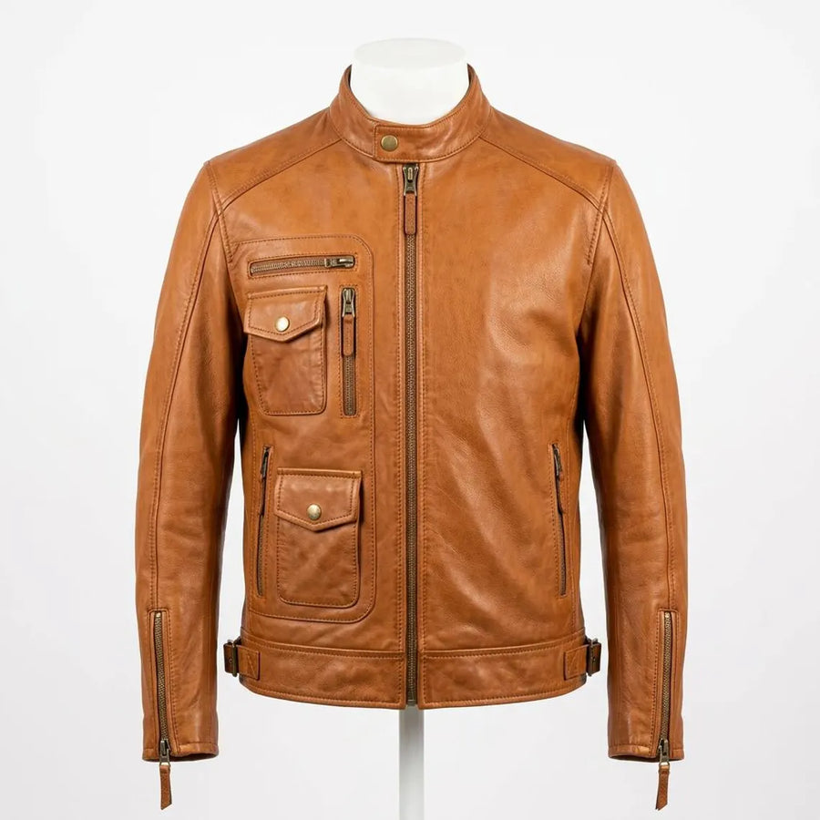 Men's Cognac Brown Sheep Leather Jacket | Premium Genuine Leather | Functional Utility Style