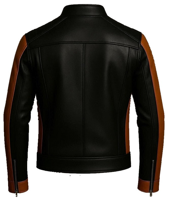 Men’s Halloween Biker Leather Jacket – Black and Orange Skull Design