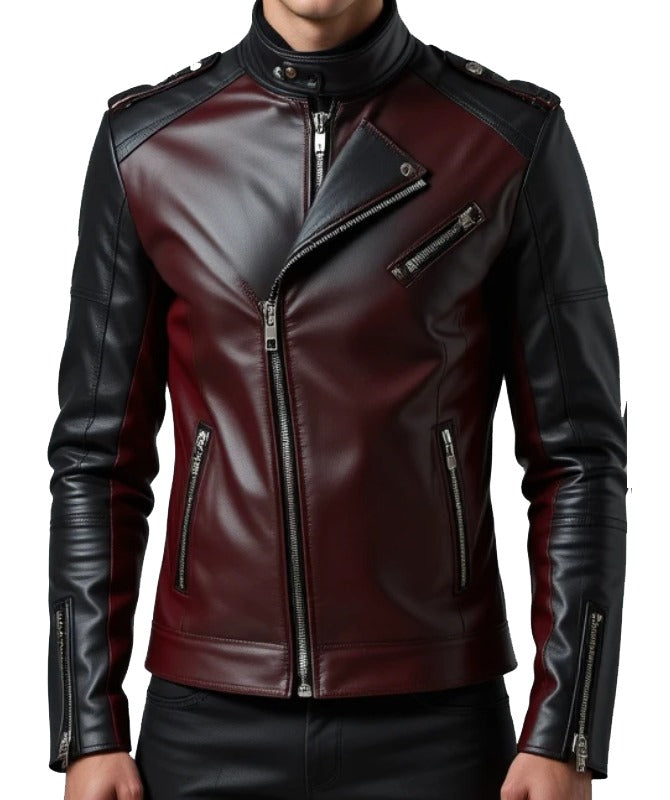 Men’s Black & Maroon Sheep Leather Biker Jacket
