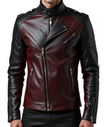 Men’s Black & Maroon Sheep Leather Biker Jacket