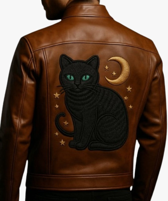 Black Cat Moon Leather Jacket Handmade Brown Hallowen Bomber