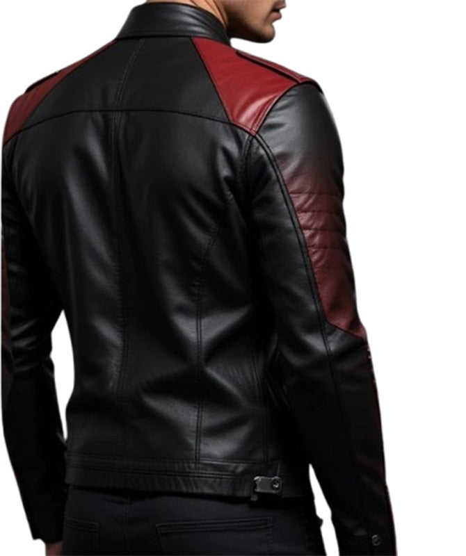 Men’s Black & Maroon Sheep Leather Biker Jacket