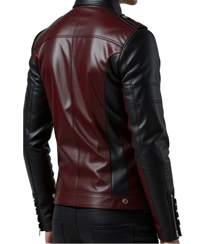 Men’s Black & Maroon Sheep Leather Biker Jacket