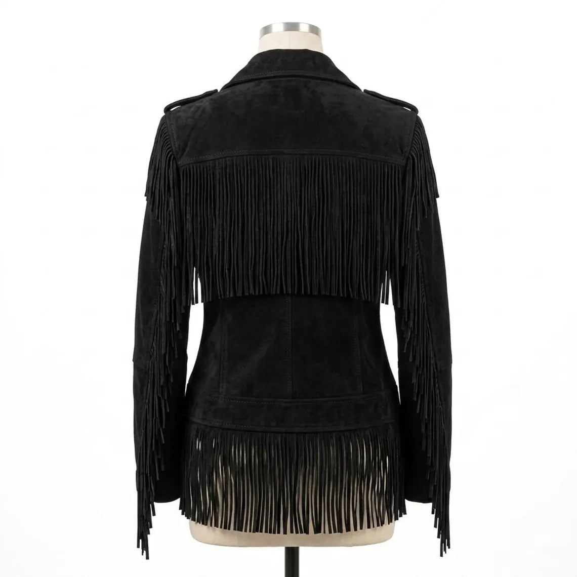 Womens Black Suede Leather Fringe Jacket Handmade Western Bohemian Style image 2