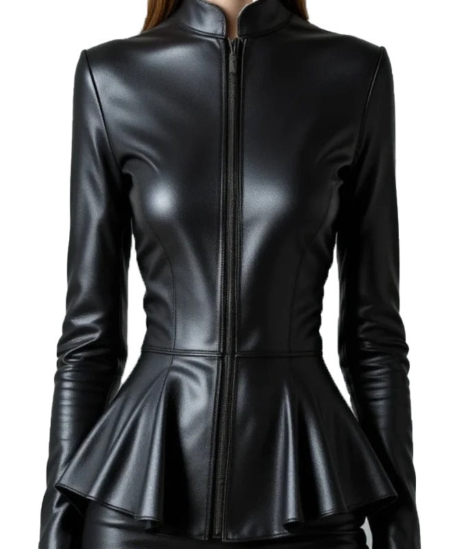 Women's Black Peplum Jacket – 2025 Premium Sheep Leather