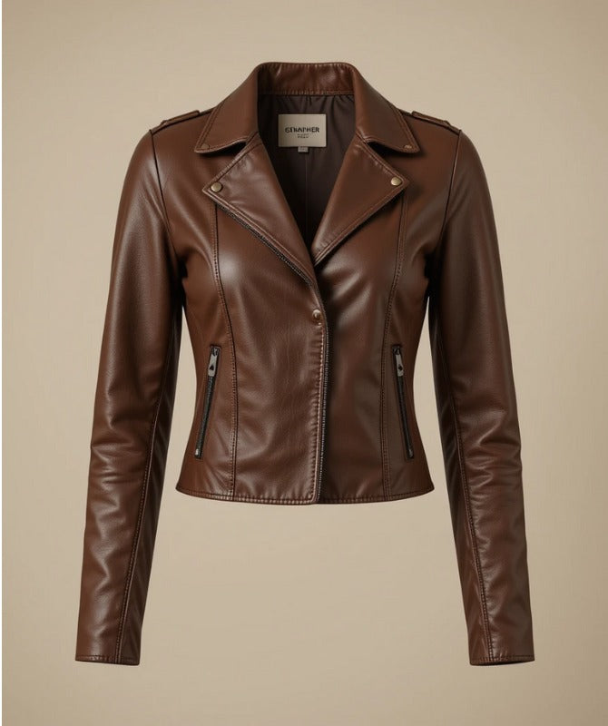 Women's Brown Leather Jacket with Less Front and Labubu
