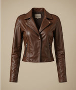 Women's Brown Leather Jacket with Less Front and Labubu