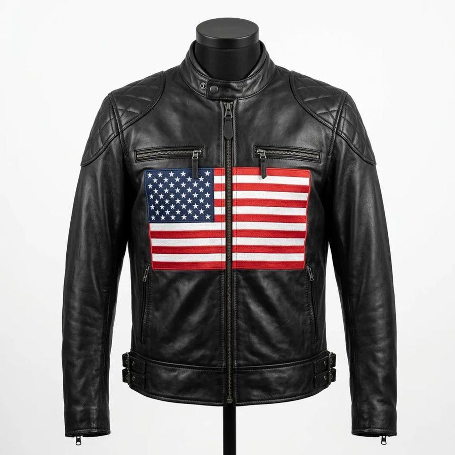 Men's Black Sheep Leather Jacket with American Flag | Premium Genuine Leather | Patriotic Style