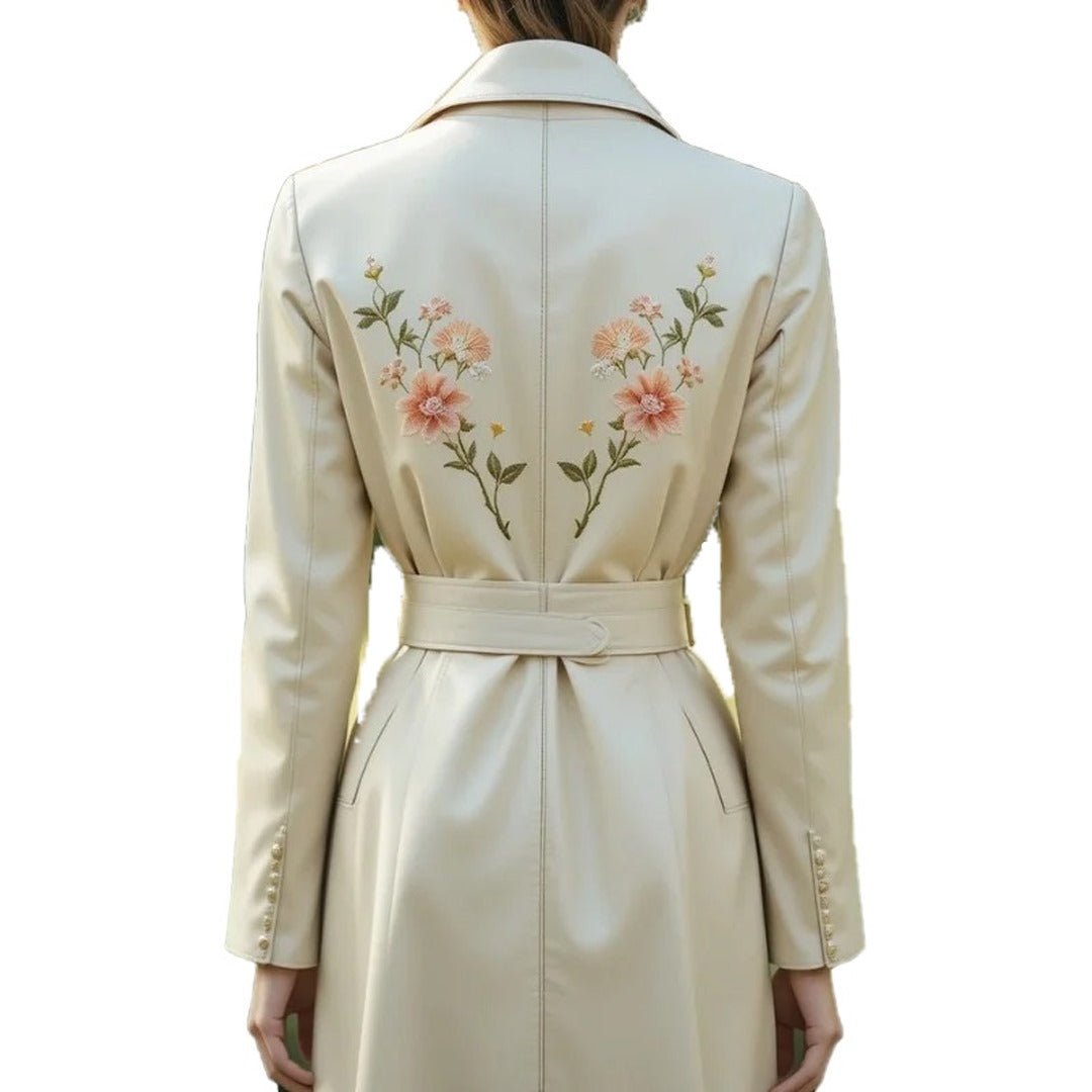Floral Embroidered Jacket With Long Sleeve Premium Sheep Leather