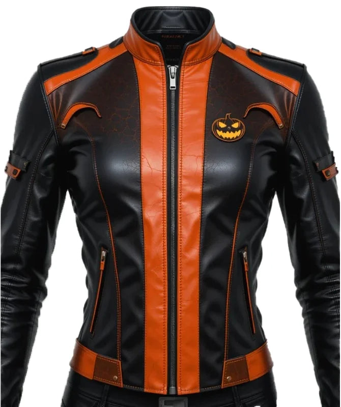 Women’s Halloween Jacket Black and Orange Sheep Leather