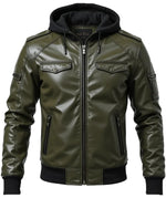 Men’s Olive Green Faux Leather Jacket with Black Hoodie