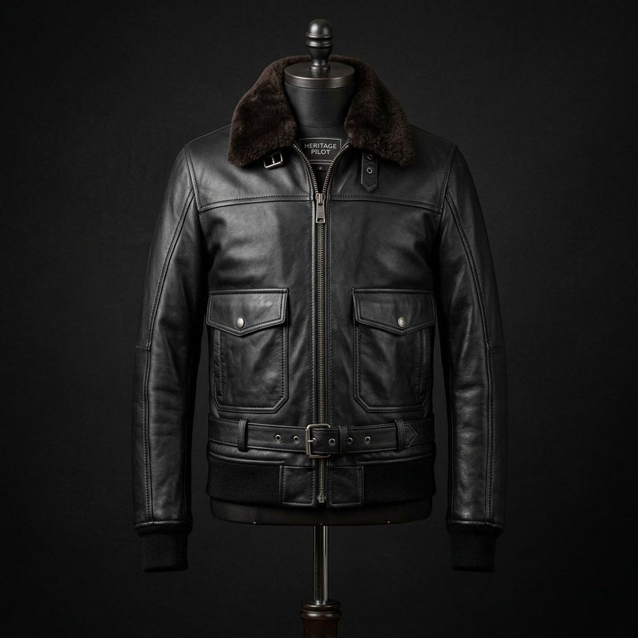 Handmade Men's Black Shearling Aviator Jacket | Premium Sheepskin Leather