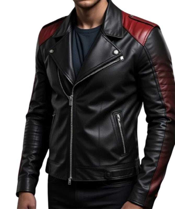Men’s Black & Maroon Sheep Leather Biker Jacket