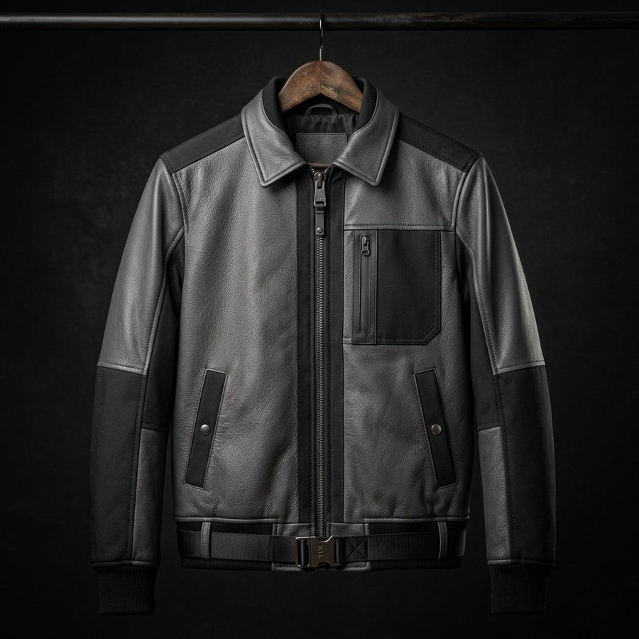 Men's Grey and Black Sheep Leather Jacket | Premium Genuine Leather | Modern Color-Block Style