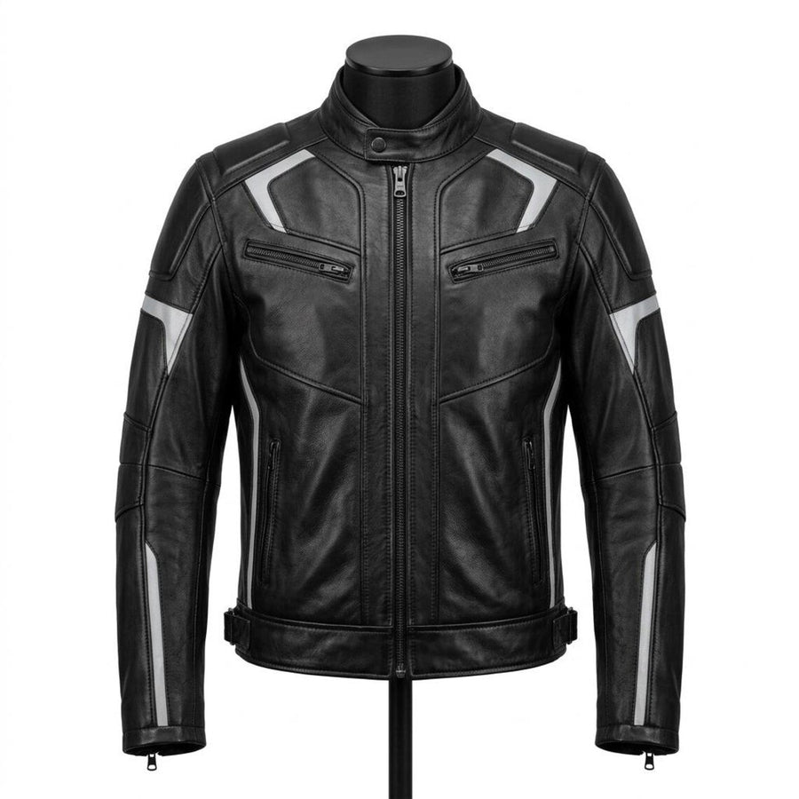 Men's Black Sheep Leather Jacket | Premium Genuine Leather | White Racing Stripe Sport Style