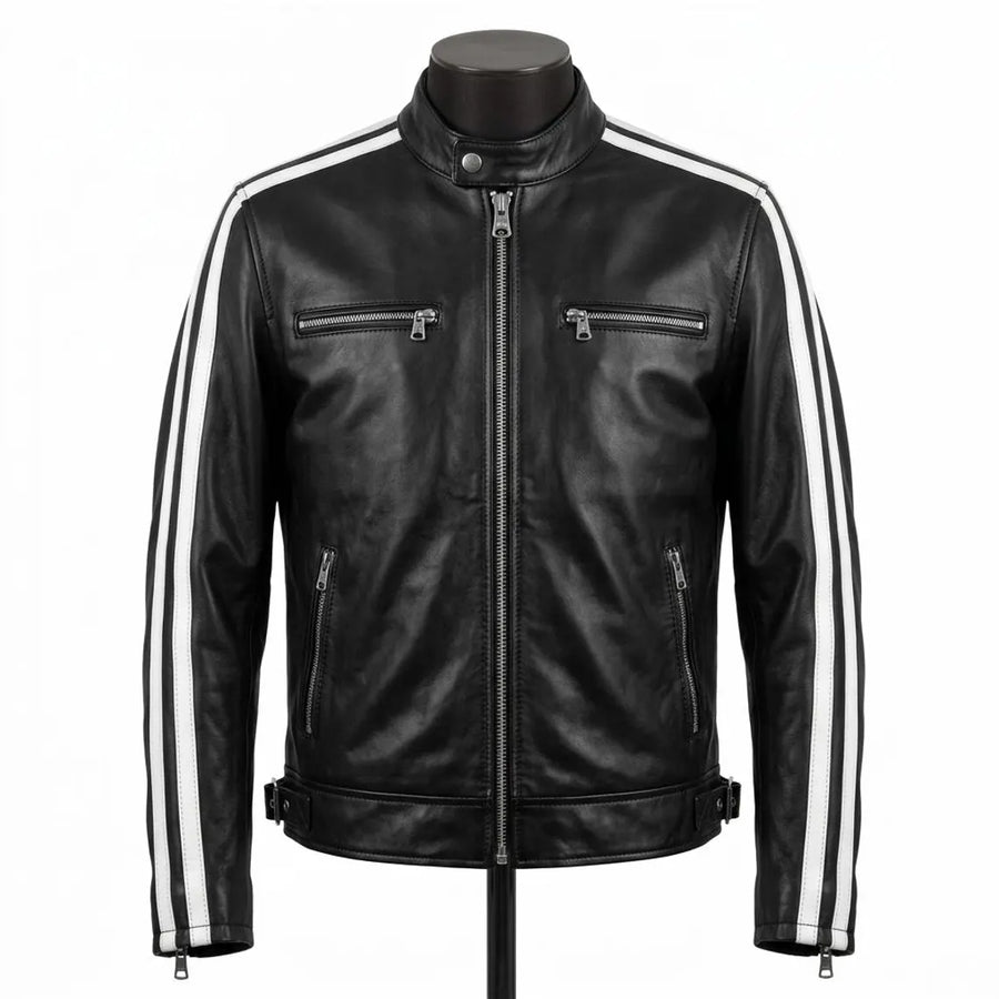 Mens Lambskin Urban Edge Racer Biker Jacket Black White Stripes Leather Motorcycle Jacket