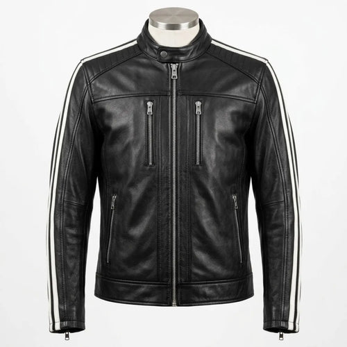 Handmade Men's Genuine Black Leather Racer Motorcycle Jacket – Athletic Fit ⭐ image 0