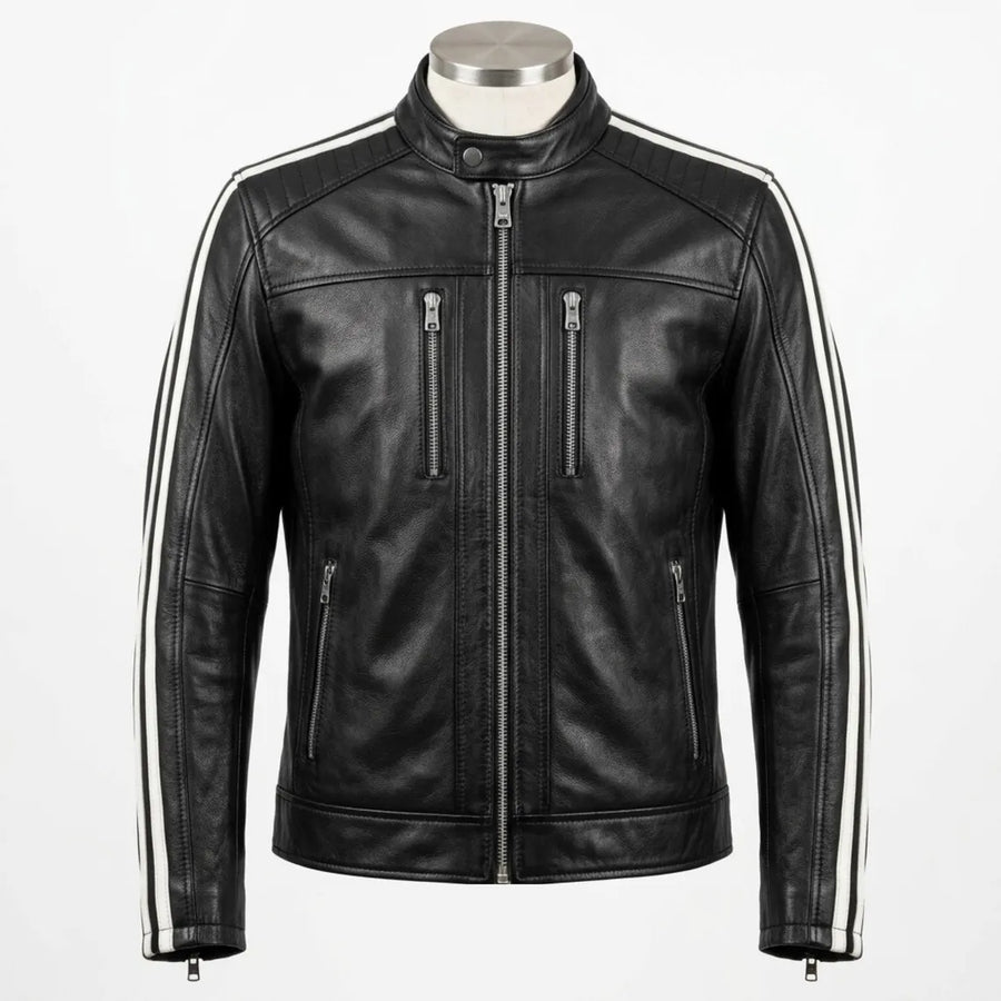 Handmade Men's Genuine Black Leather Racer Motorcycle Jacket – Athletic Fit ⭐